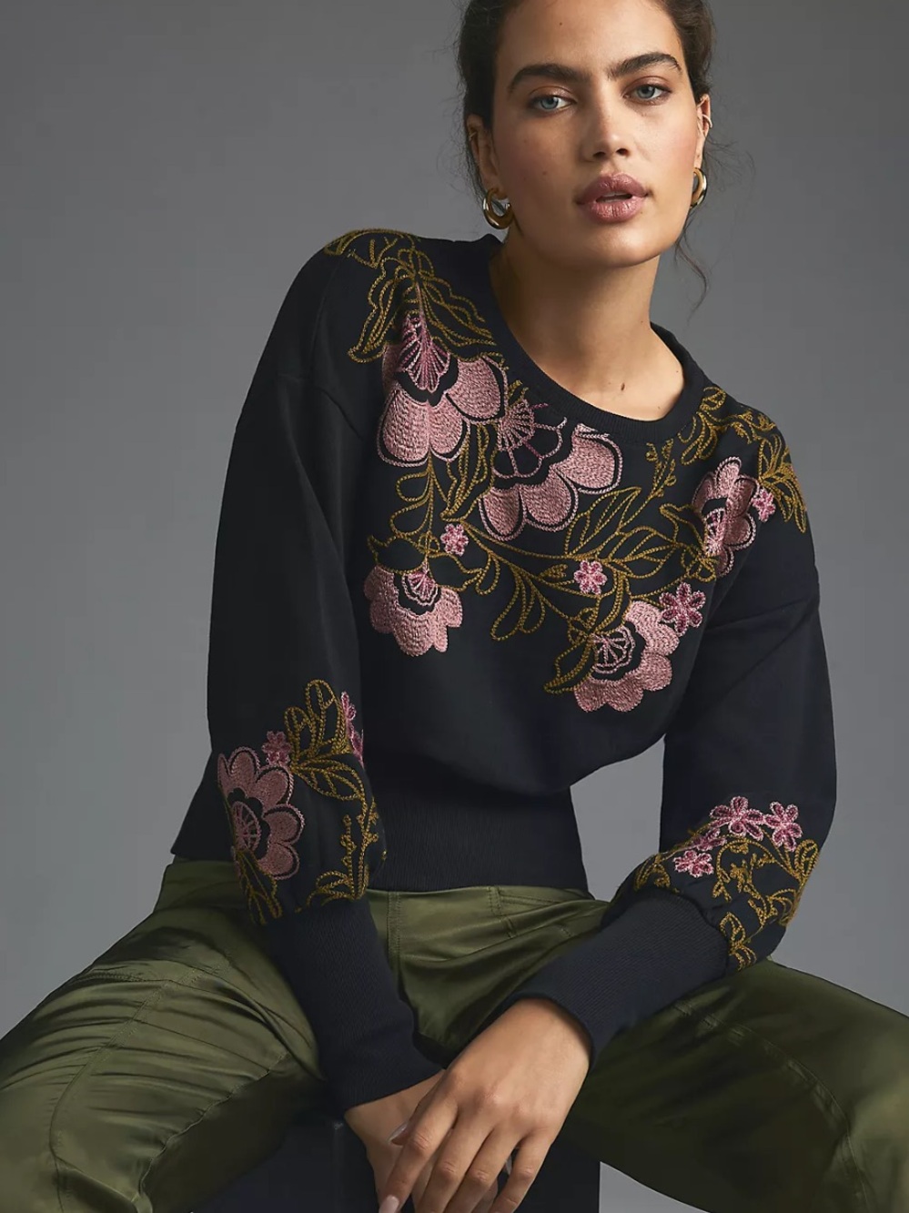 Anthropologie Black Floral Embroidered Crewneck Sweater S